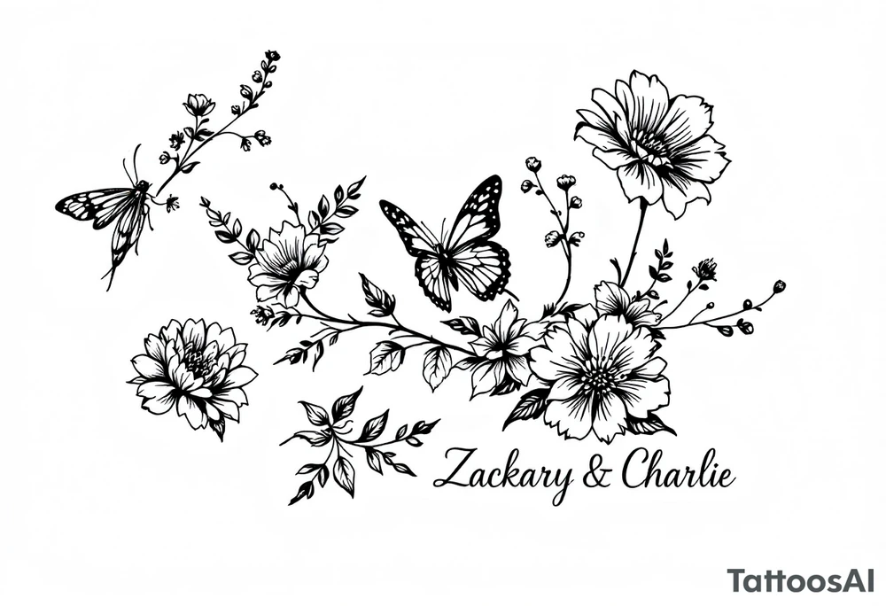 Flowers, heart and buttherfly with name Zackary and Charlie tattoo idea