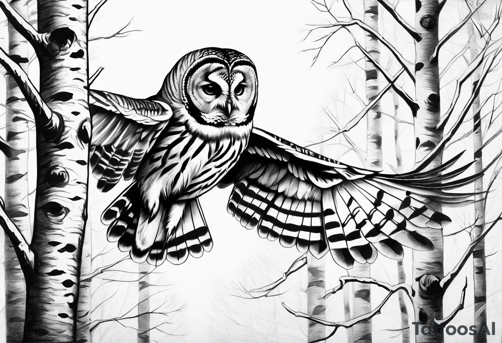 barred owl wings outstretched in front of birch trees tattoo idea