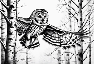 barred owl wings outstretched in front of birch trees tattoo idea