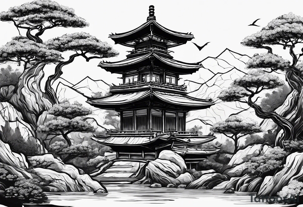 Zalazak sunca ispod kojega se nalazi bonsai tattoo idea
