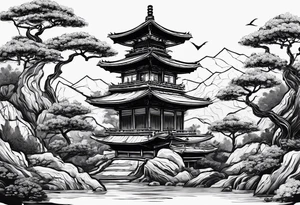 Zalazak sunca ispod kojega se nalazi bonsai tattoo idea