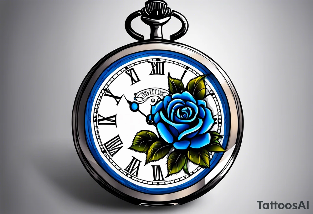 Pocket watch with blue roses tattoo idea