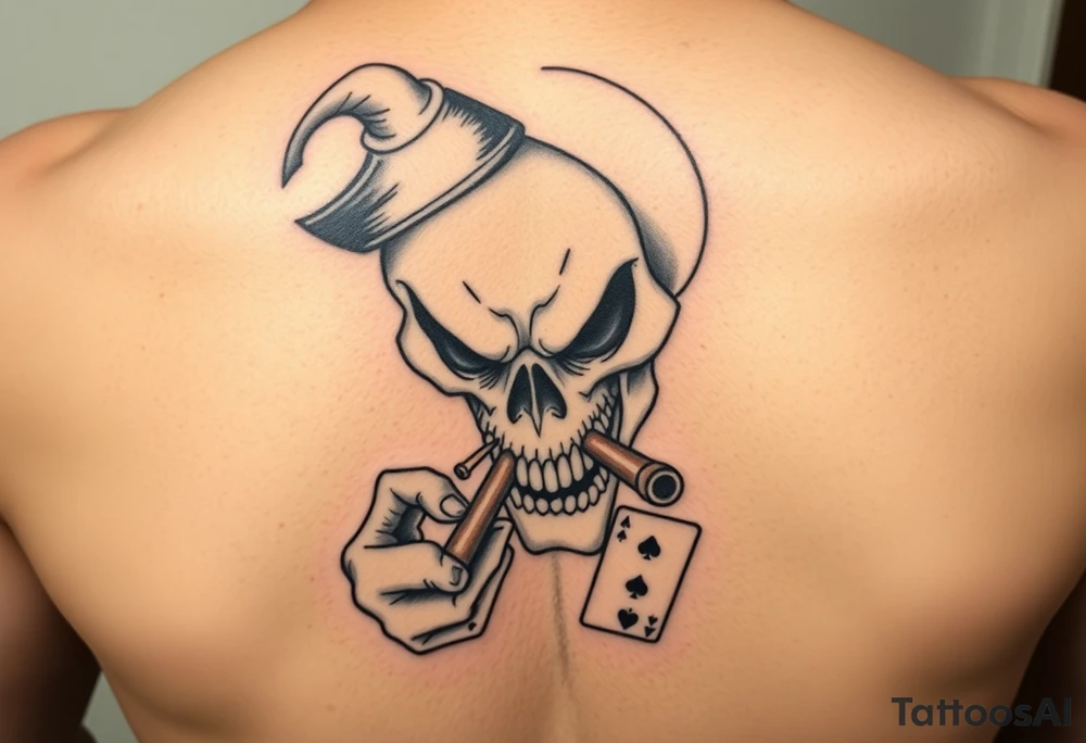 Gangster scene clown skull mid evil smoking cigar playing cards tattoo idea