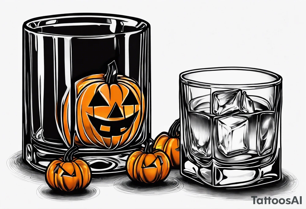 glass of whiskey but the ice cube is a small jack-o-lantern tattoo idea