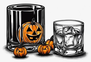 glass of whiskey but the ice cube is a small jack-o-lantern tattoo idea