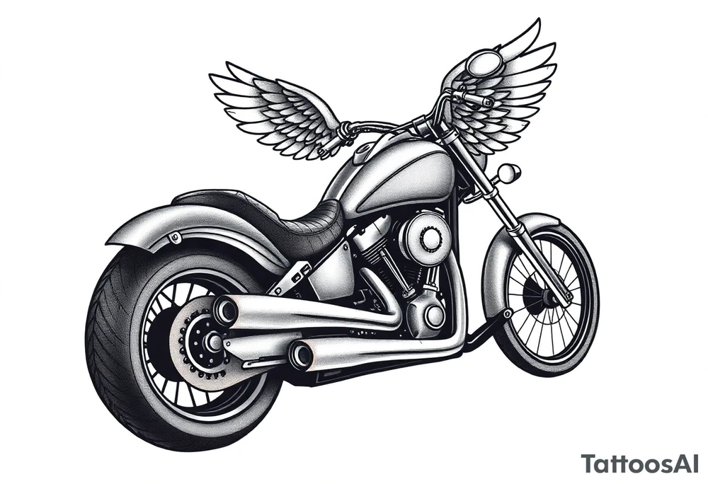 Low rider grey motorcycle, big muffler pipes with flames, angel wings, driving away, no person tattoo idea