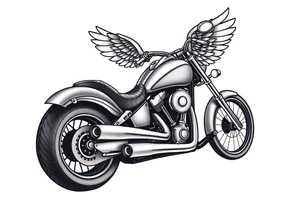 Low rider grey motorcycle, big muffler pipes with flames, angel wings, driving away, no person tattoo idea