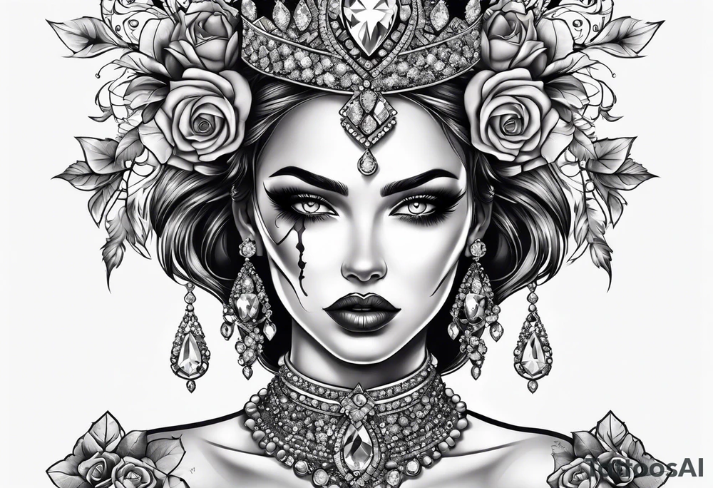 Fancy queen zombie diamonds and gemstones full sleeve tattoo idea