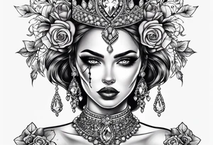 Fancy queen zombie diamonds and gemstones full sleeve tattoo idea