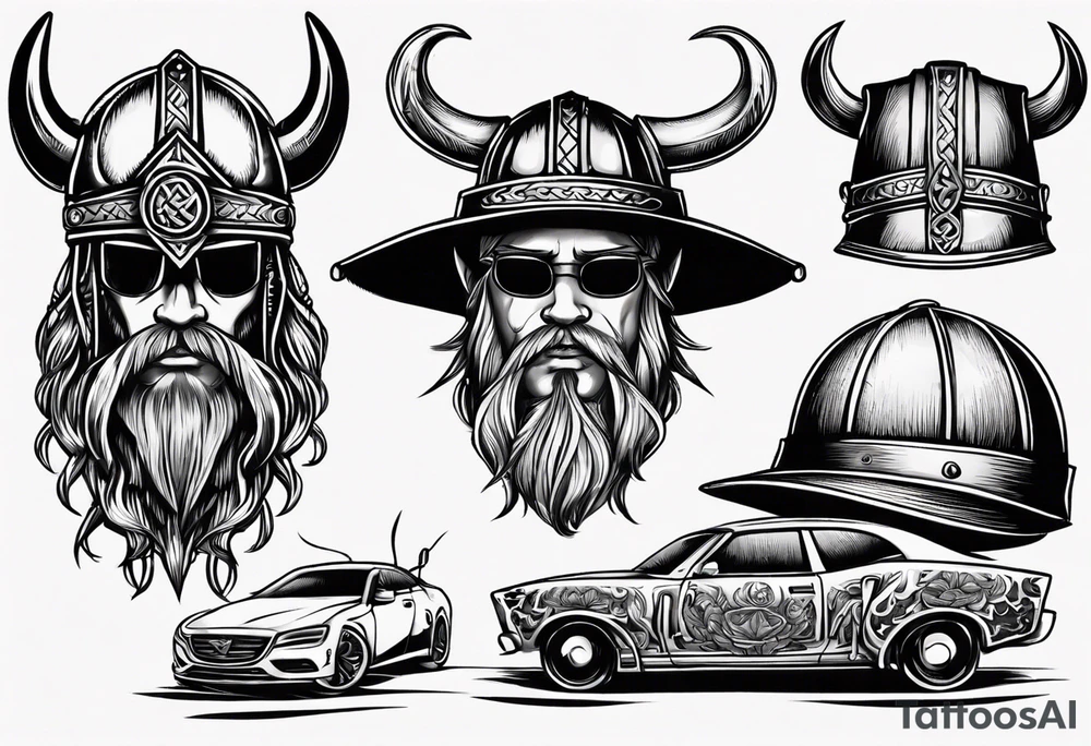 Viking hat on hood of car tattoo idea