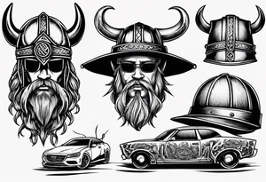 Viking hat on hood of car tattoo idea