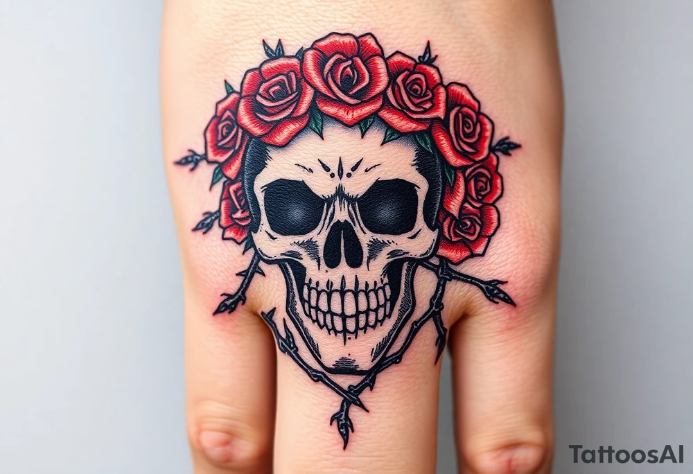 ornate skull adorned with crown of wild roses and thorns tattoo idea