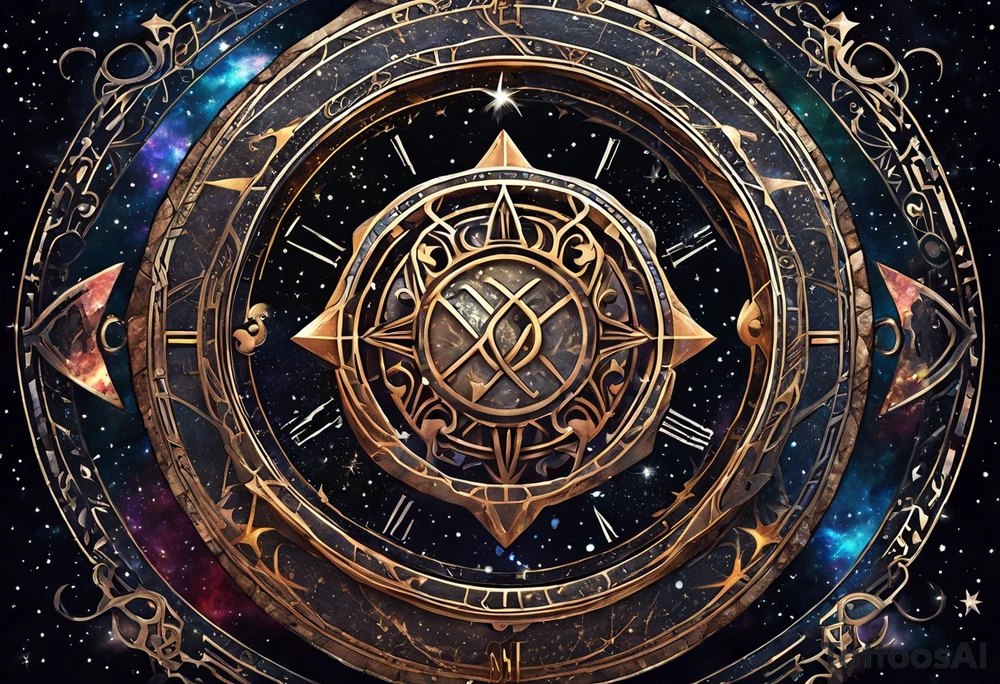 Matter, energy, space and time with an old stone theta symbol with stars in the background and Scorpio constellation tattoo idea