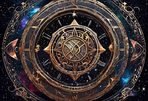 Matter, energy, space and time with an old stone theta symbol with stars in the background and Scorpio constellation tattoo idea