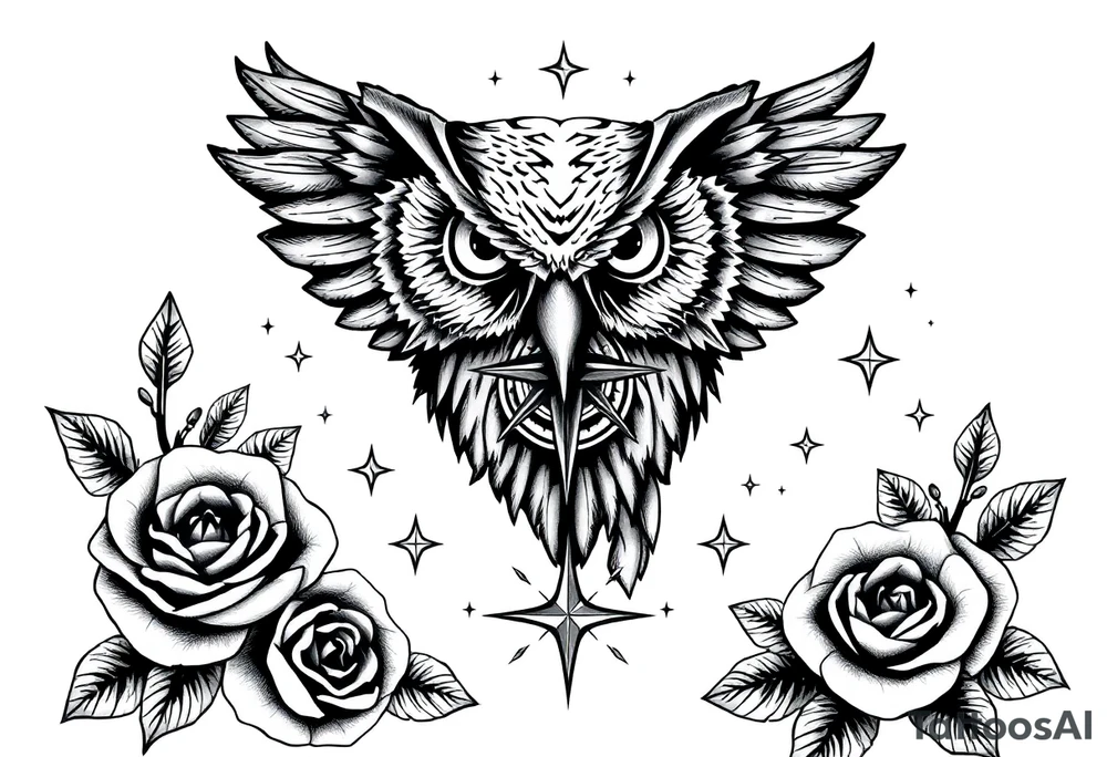 an owl,compass,roses,stars. tattoo idea