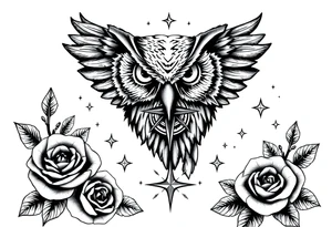 an owl,compass,roses,stars. tattoo idea