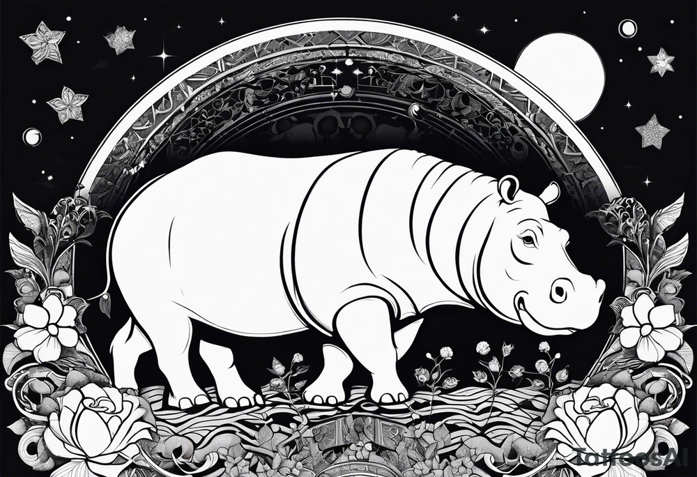 Hippo, flowers, moon, interstella, artic surreal,
Extreme fine lines, tribal, geometric, japanese, artistic tattoo idea