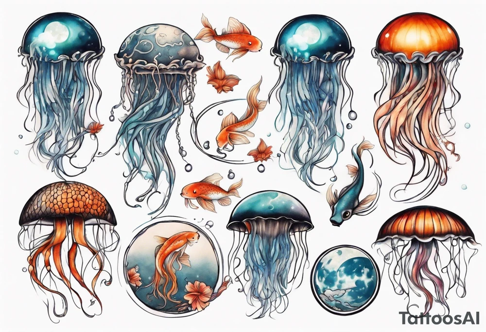 1 jellyfish with the moon in the lid. Then with koi carp and jellyfish swimming amongst the tentacles tattoo idea