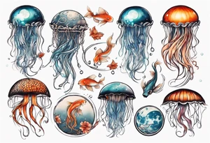 1 jellyfish with the moon in the lid. Then with koi carp and jellyfish swimming amongst the tentacles tattoo idea