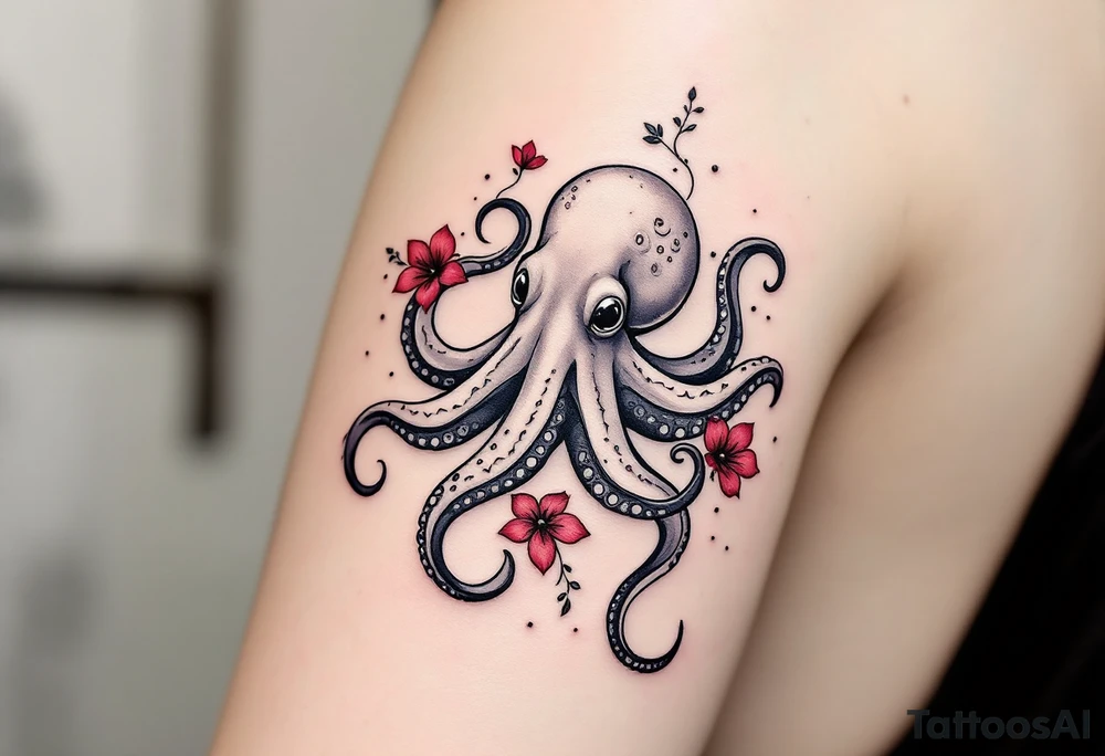 A small realistic black and grey tattoo of an octopus, cute, with detailed shading and soft linework, showing the octopus with swirling tentacles, on light skin. ornamental flowers around with red ink. The style is minimalistic and elegant, resembling fine-line tattoo with a shadow tattoo idea