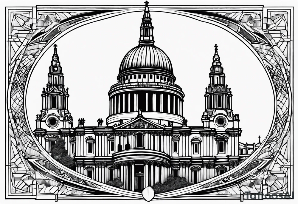 St. Paul tattoo with the interior of St. Paul’s cathedral in the back ground tattoo idea