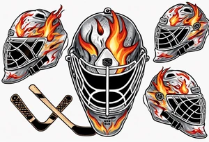 "SHOT HOCKEY" goalie mask with crossed hockey sticks and flames tattoo idea