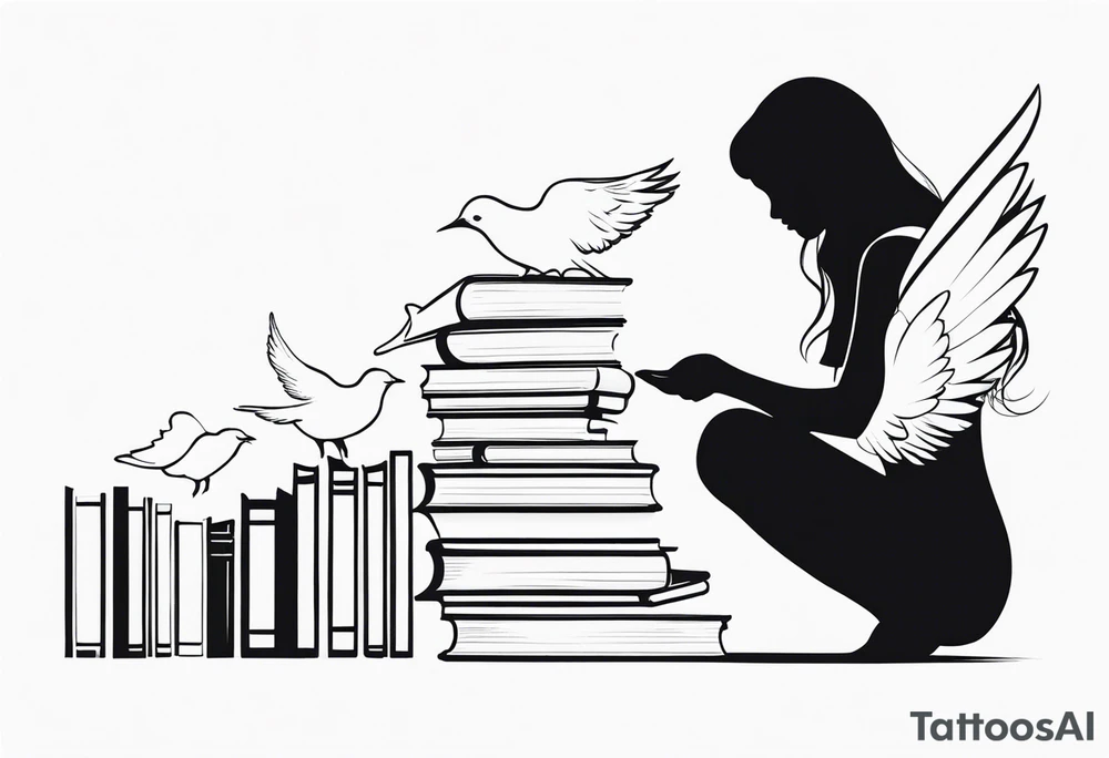 Kneeling Girl with angel wings, side profile, holding a stack of books that are open with silhouettes of birds flying out of them tattoo idea