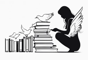 Kneeling Girl with angel wings, side profile, holding a stack of books that are open with silhouettes of birds flying out of them tattoo idea