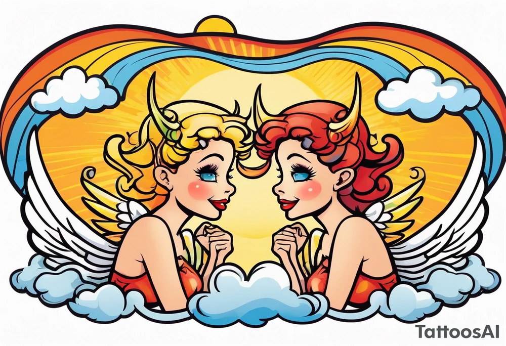 angel girl on right side whispering, devil girl on left side whispering, with rays of sun and clouds. Organ pipes center tattoo idea