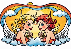 angel girl on right side whispering, devil girl on left side whispering, with rays of sun and clouds. Organ pipes center tattoo idea