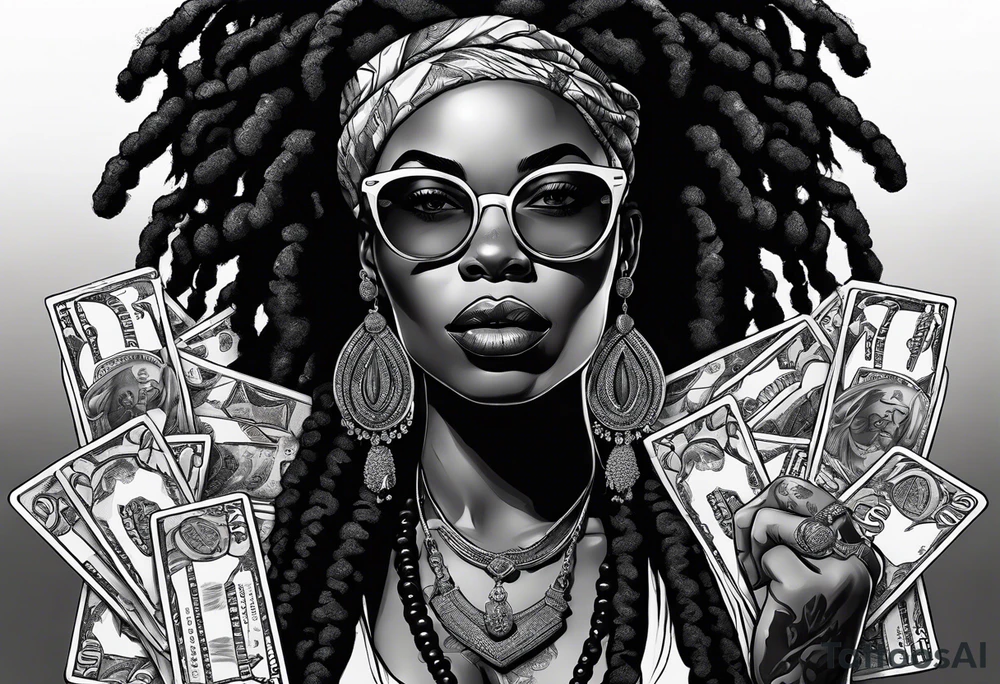 african woamn with dread locks and un glasses biting money with cards and dice tattoo idea