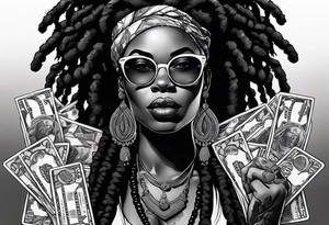 african woamn with dread locks and un glasses biting money with cards and dice tattoo idea