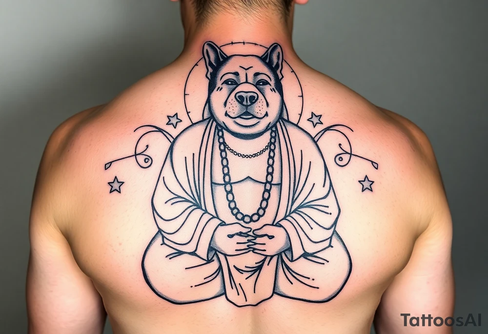 Meditating fat Buddha with happy dog head tattoo idea