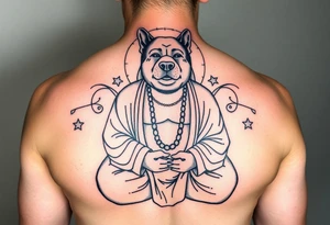 Meditating fat Buddha with happy dog head tattoo idea