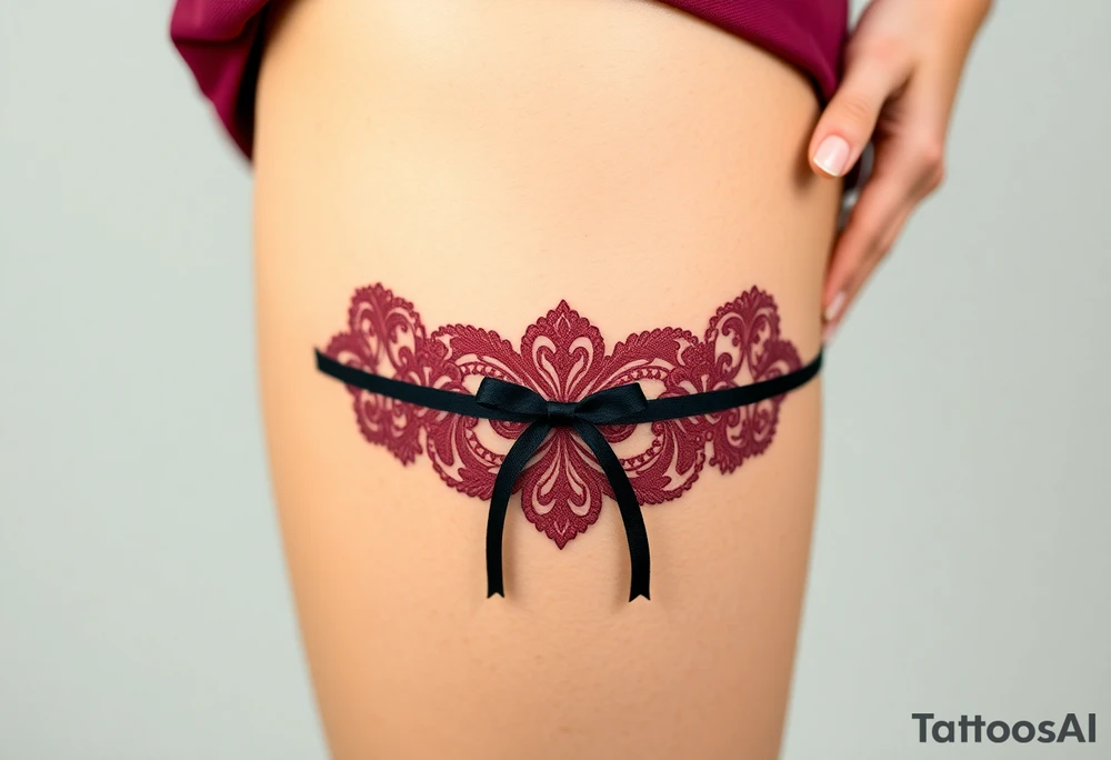 A deep burgundy lace garter tattoo with black velvet ribbon tattoo idea