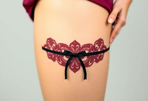 A deep burgundy lace garter tattoo with black velvet ribbon tattoo idea