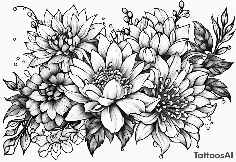 Asters, roses, lily of the valley, and chrysanthemums in a long line tattoo idea
