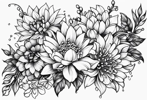 Asters, roses, lily of the valley, and chrysanthemums in a long line tattoo idea