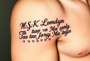 Cursive words that say, 

M.S.K

Chyna

Londyn

Gurly 

Tae tae 

Na’Jorya 

Na’taya
 surrounded by little hearts & stars tattoo idea