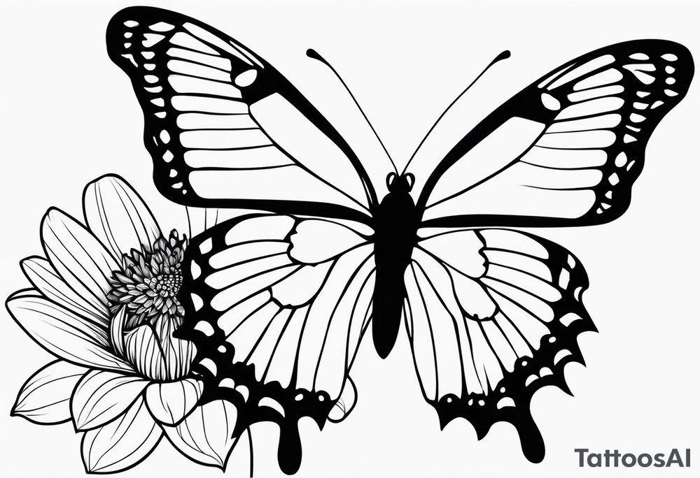 A delicate, black-and-white butterfly with fine, detailed wings, just about to land gently on a fragile, softly blooming flower. Both the butterfly and flower are drawn with elegant, minimalist lines, capturing the sense of beauty, fragility, and perfection in their natural harmony. tattoo idea