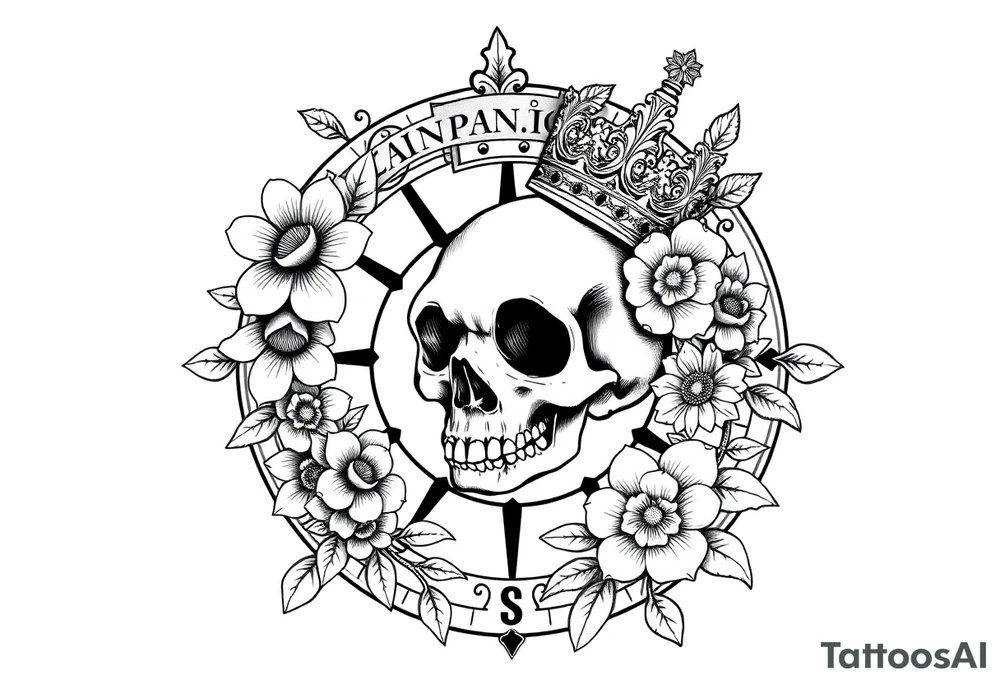 Compass with detailed beautiful gothic boho flowers on vine and skull with gorgeous crown tattoo idea