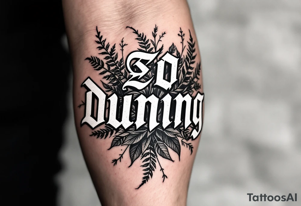 Dunning, left forearm details include angel wing, greek type of font,jungle leaves, name is big and in white color tattoo idea