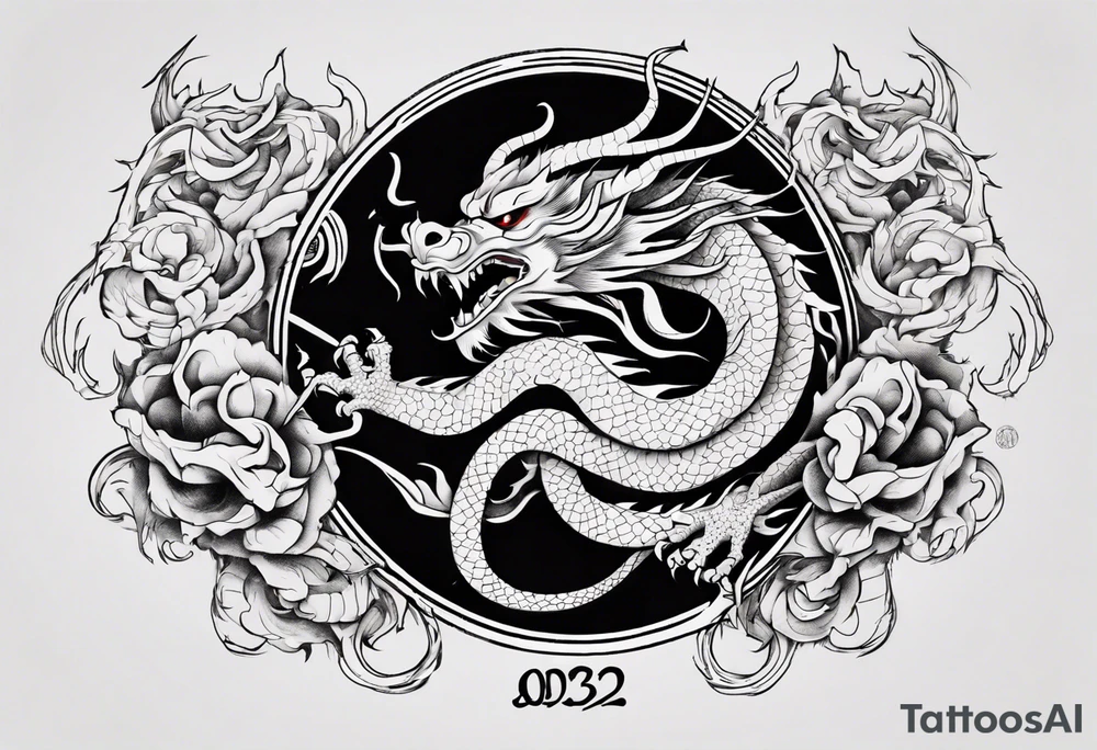Chinese dragon in a circular shape with "02.03" written on its skin tattoo idea