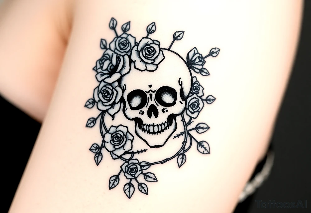 gothic skull intertwined with climbing roses and thorny vines tattoo idea