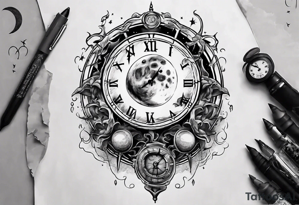 A moon with a face of a old stile clock outdoors tattoo idea