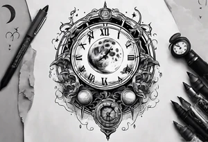 A moon with a face of a old stile clock outdoors tattoo idea