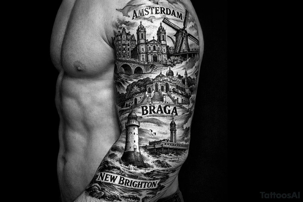 I wanted arm tattoo that reminds me of my three favourite places. I've lived the cities of Amsterdam and Braga and New Brighton in Wallasey tattoo idea