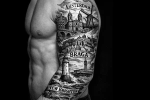 I wanted arm tattoo that reminds me of my three favourite places. I've lived the cities of Amsterdam and Braga and New Brighton in Wallasey tattoo idea