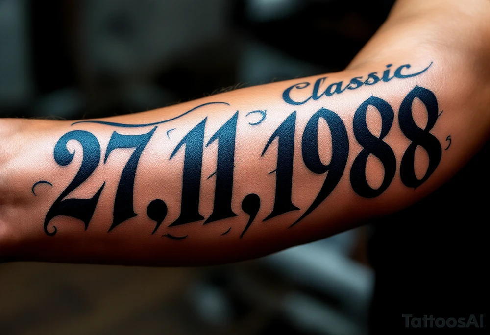 Classic 27.11.1988 carved in Roman numerals with deep navy blue shadows. tattoo idea