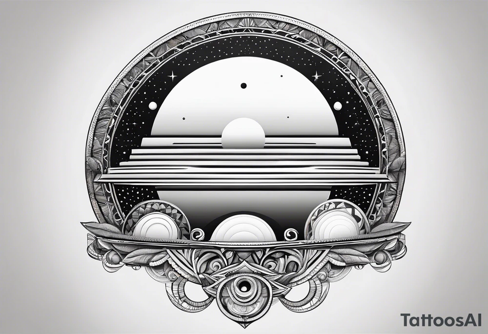 simple jupiter with circular objects and geometric elements, stippled shading, little bit of dotwork, white background tattoo idea